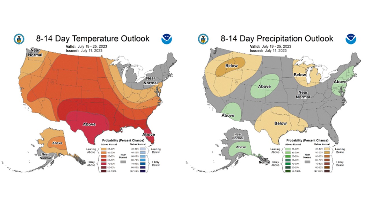 Figure 7: CPC 8-14 day temperature and precipitation outlooks for the United States, valid July 19-25, 2023.