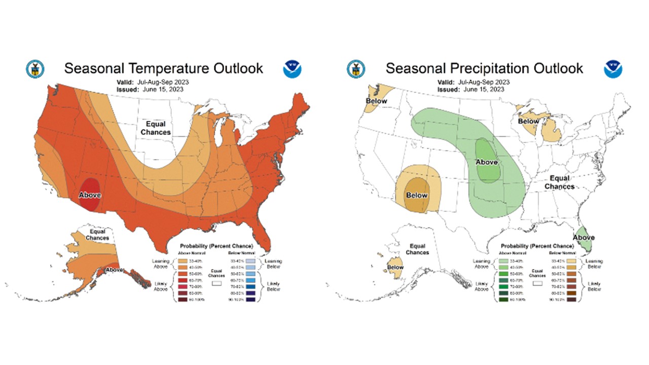 Figure 8: CPC seasonal temperature and precipitation outlooks for the United States, valid July-August-September, 2023.