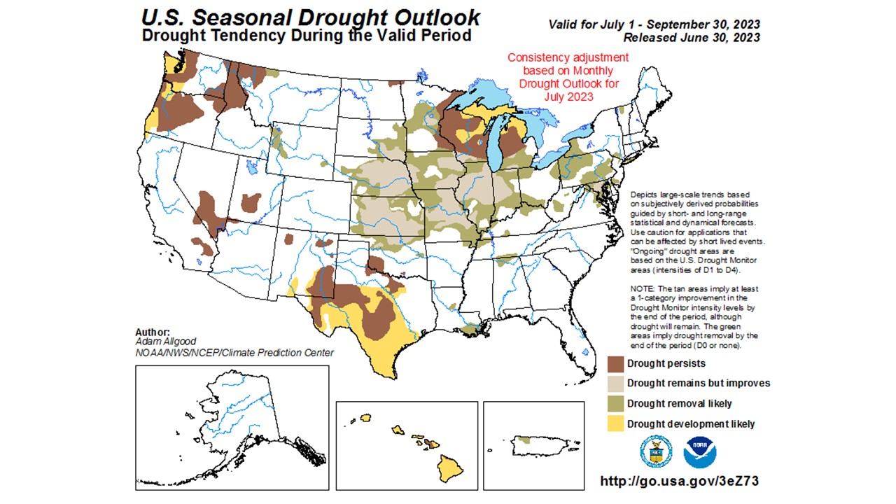 Figure 9: US Seasonal Drought Outlook valid for July 1-September 30, 2023, which is available via the Climate Prediction Center.
