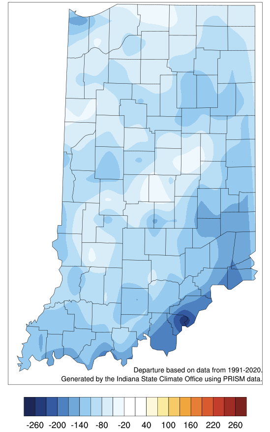 Figure 5. Modified growing degree day (50°F / 86°F) accumulation from April 15-July 19, 2023, represented as the departure from the 1991-2020 climatological average.