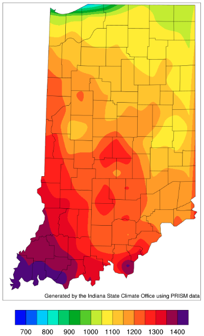 Figure 4. Modified growing degree day (50°F / 86°F) accumulation from April 15-July 4, 2023.