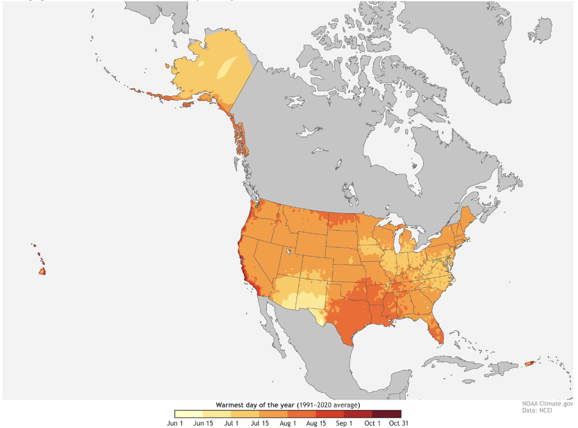 Figure 3. Warmest day of the year based upon data from 1991-2020. 