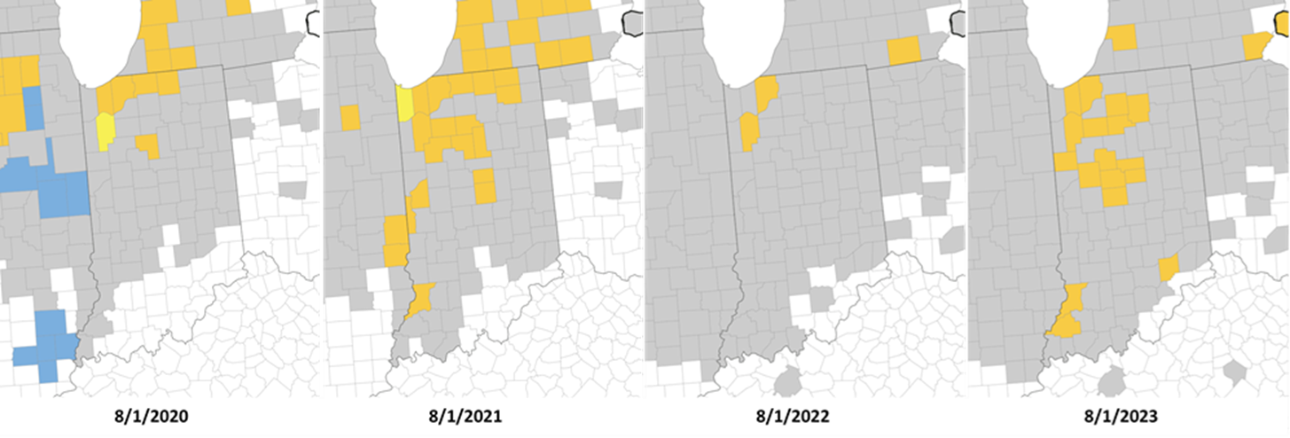 Figure 2. Tar spot tracking in Indiana on August 1 for 2020, 2021, 2022 and 2023 growing season. 