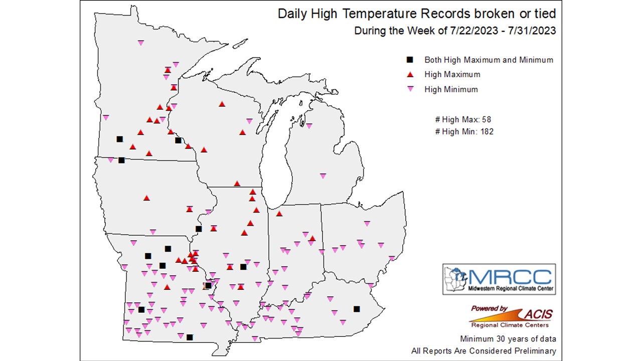 Figure 2: Daily high temperature records that were broken or tied during the last week of July 2023.