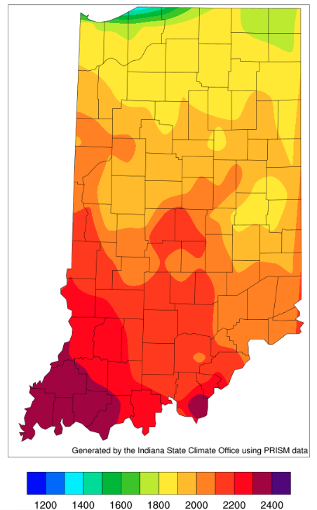 Figure 2. Modified growing degree day (50°F / 86°F) accumulation from April 15-August 9, 2023.