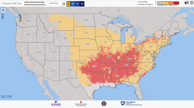 Figure 4. Fusarium Risk Assessment Tool Indiana map generated on 8 May 2025. Red = high risk, Orange = medium risk, and Yellow = low risk for Fusarium head blight on wheat just prior to flowering or the early stages of grain development. Image credit: http://www.wheatscab.psu.edu/.