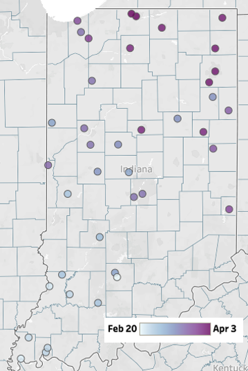 Figure 1. Average date of the last 0.1” or greater snowfall day for stations with at least 30 years of data.