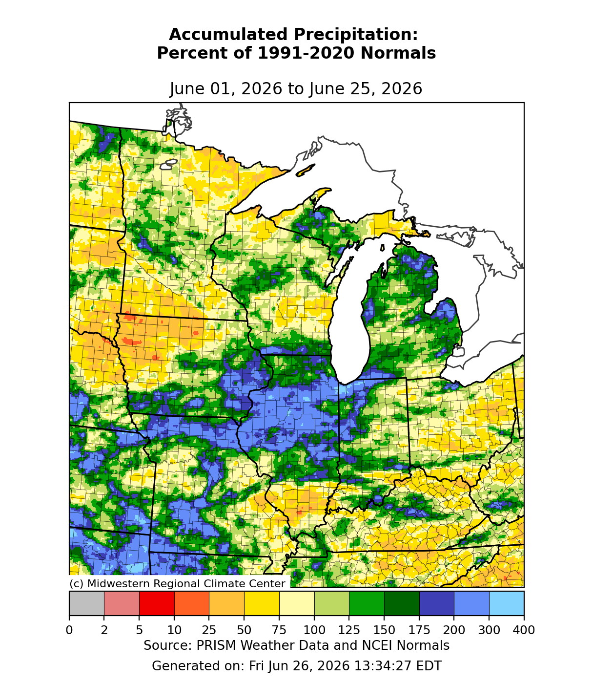 Figure 2. Percent of 30-year average rainfall across Midwest from June 1 to June 25, 2026. Generated through Midwest Climate Center.