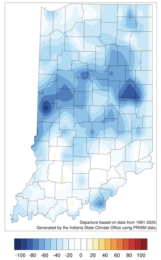 Figure 2b. Accumulated modified growing degree day (50°F / 86°F) departure from average (1991-2020) for May 1 through June 30, 2026.