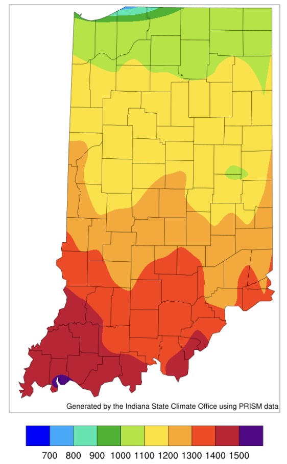 Figure 1a. Accumulated modified growing degree days (50°F / 86°F) from April 15 through June 30, 2026.