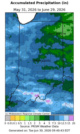 Figure 1. Map of Indiana accumulated precipitation (in) from May 31st through June 29th. Data and figure generated from the Midwest Regional Climate Center (https://mrcc.purdue.edu/newclimate/maps/gridded).
