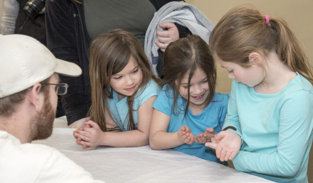 three girls with a millipede