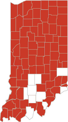 Shown in red are counties with confirmed infestation of soybean cyst nematode in Indiana