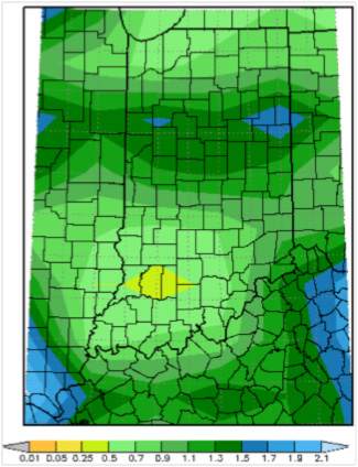 total precipitation over the past 7 days with the greatest amount in the central belt of Indiana (june 2 to june 9, 2009