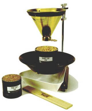 a standard filling hopper and stand for the accurate filling of quart or pint cups for grain test weight determination