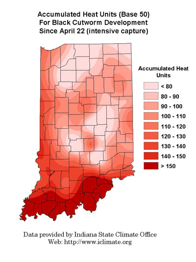 Accumulated Heat Units Base 50 For Black Cutworm Development Since April 22 intensive capture