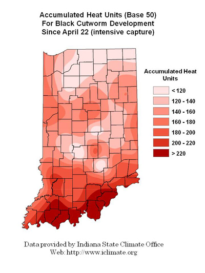 Accumulated Heat Units (Base 50) For Black Cutworm Development Since April 22 (intensive capture)