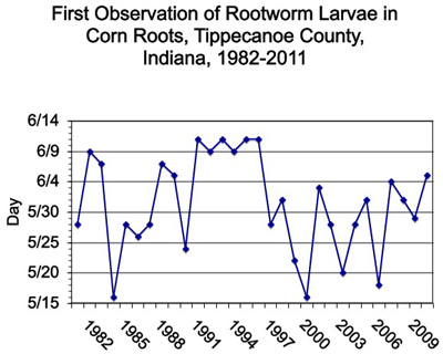 First Observation of Rootworm Larvae in Corn Roots, Tippecanoe County, Indiana, 1982-2011