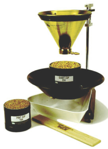 Figure 1. A standard filling hopper and stand for the accurate filling of quart or pint cups for grain test weight determination (Image: www.seeduro.com).
