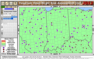 Figure 3. Indiana commentary and risk of Fusarium head blight development on the wheat scab risk model
