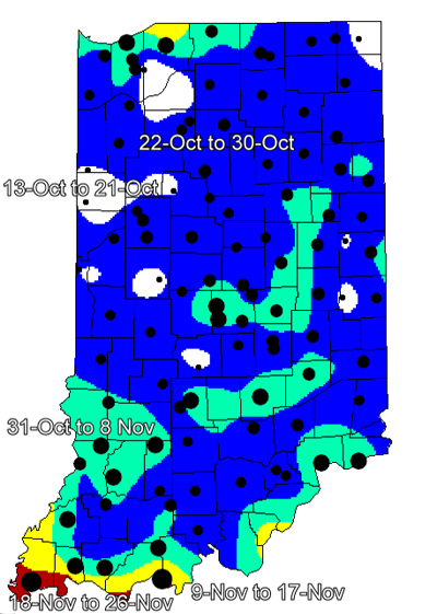 Fig. 3. Average first fall dates of 28°F temperatures throughout Indiana. Interpolated data derived from spatial analysis of 1981-2010 normal data from Indiana and surrounding states. White: 13-Oct to 21-Oct; Blue: 22-Oct to 30-Oct; Green: 31-Oct to 8-Nov; Yellow: 9-Nov to 17-Nov; Red: 18-Nov to 26-Nov. Spatial data source: National Climatic Data Center 1981-2010 US Normals Data. 