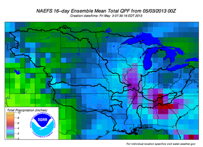 NAEFS 16 day Ensemble mean total QPF from 4/25/2013
