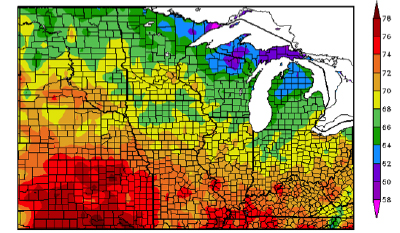 Figures 1. July 2014 average temperature (F) across the Midwest (HPRCC, 2014)