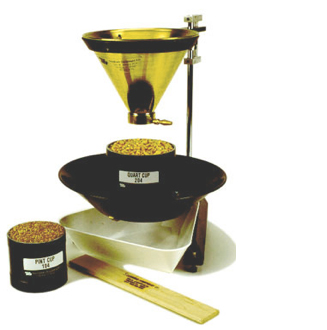 Fig 1. A standard filling hopper and stand for the accurate filling of quart or pint cups for grain test weight determination. (Image: http://www.seedburo.com