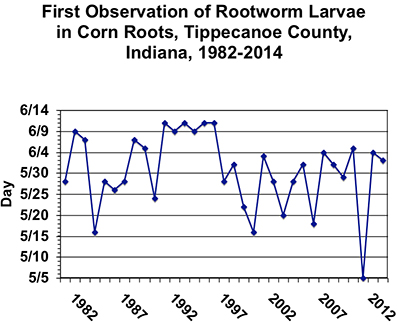 First Observation of Rootworm Larvae in Corn Roots, Tippecanoe County, IN, 1982-2014