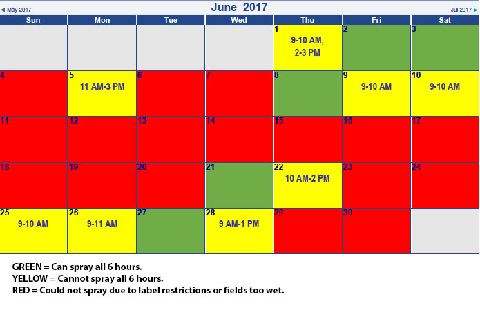 Figure 3. Spray days and hours in June 2017 at the at the Agronomy Center for Research and Education (ACRE) near West Lafayette, IN if Indiana adopted stricter rules that only allowed dicamba applications between 9 AM and 3 PM, and if wind speeds were between 3 and 10 MPH. If a box is red it means that no applications could be made that day. If a box is green, it means applications could be made from 9 AM through 3 PM. If a box is yellow, it means there were some hours between 9 AM and 3 PM that spray applications could not be made. The numbers inside the yellow boxes are the hours that applications could be made.  
     