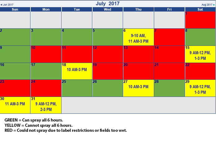 Figure 4. Spray days and hours in July 2017 at the at the Agronomy Center for Research and Education (ACRE) near West Lafayette, IN if Indiana adopted stricter rules that only allowed dicamba applications between 9 AM and 3 PM, and if wind speeds were between 3 and 10 MPH. If a box is red it means that no applications could be made that day. If a box is green, it means applications could be made from 9 AM through 3 PM. If a box is yellow, it means there were some hours between 9 AM and 3 PM that spray applications could not be made. The numbers inside the yellow boxes are the hours that applications could be made. 
     