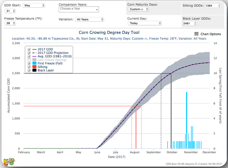Fig. 2. Screen capture of U2U GDD Tool graphical display of historical and estimated future GDD accumulations and predicted corn development stages for a 112-day hybrid planted May 31 in Tippecanoe County, IN, BUT WITH ITS GDD MATURITY REQUIREMENTS ADJUSTED FOR LATE PLANTING.  
     