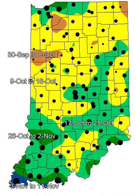 Fig. 3. Average first fall dates of 32<sup>o</sup>F temperatures throughout Indiana.
Interpolated data derived from spatial analysis of 1981-2010 normal data from
Indiana and surrounding states. Brown: 30-Sep to 8-Oct, yellow: 9-Oct to 16-Oct;
light green: 17-Oct to 25-Oct; dark green: 26-Oct to 2-Nov; blue: 3-Nov to 11-Nov.
Spatial data source: National Climatic Data Center 1981-2010 US Normals Data.   
     
