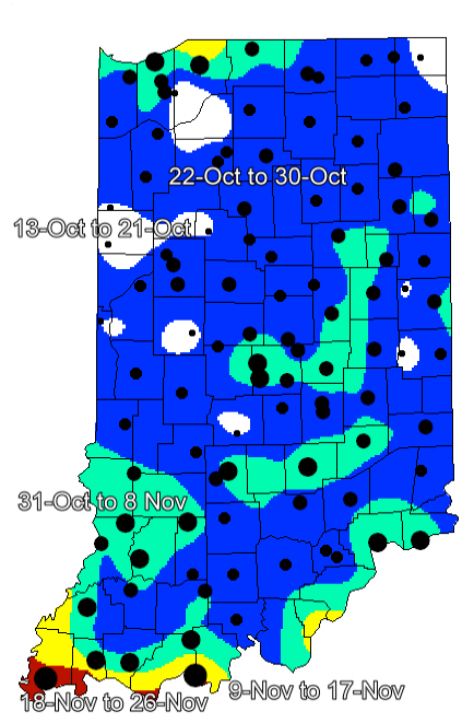 Fig. 4. Average first fall dates of 28<sup>o</sup>F temperatures throughout Indiana.
Interpolated data derived from spatial analysis of 1981-2010 normal data from
Indiana and surrounding states. White: 13-Oct to 21-Oct; Blue: 22-Oct to 30-Oct;
Green: 31-Oct to 8-Nov; Yellow: 9-Nov to 17-Nov; Red: 18-Nov to 26-Nov.
Spatial data source: National Climatic Data Center 1981-2010 US Normals Data.    
     